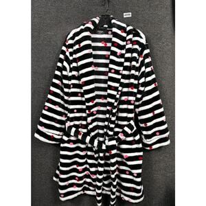 Kate Spade Robe Womens XS/S Black White Striped Polka Dot Fleece Plush Belted